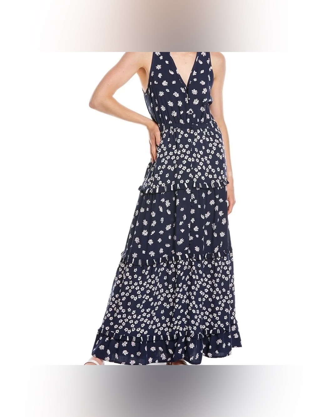 Splendid Navy and White Floral Tiered Maxi Dress